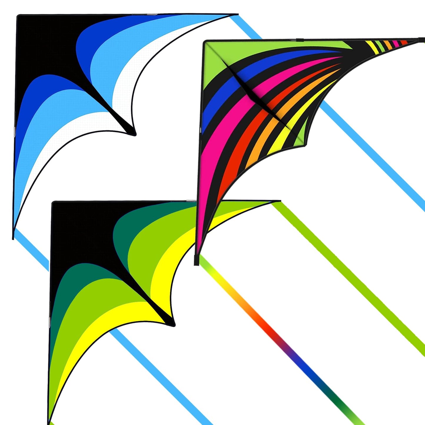3 Pack Delta Kites Set for Kids & Adults, Easy to Fly Large Beach Kites Pack for Boys and Girls, 300ft Kite String Included, Perfect for Outdoor Activities (Green, Blue & Rainbow)