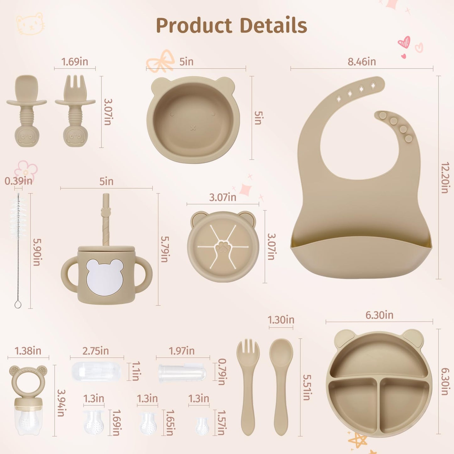 PERRYHOME 17-Piece Silicone Baby Feeding Set,Baby Led Weaning Feeding Supplies for Toddlers, Kids Suction Silicone Plates and Bowls Set for Baby Gift (Beige)