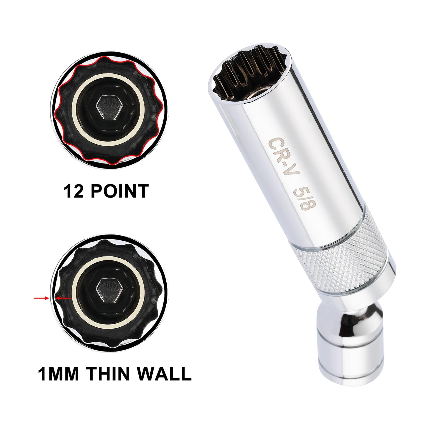 Mayouko 6PCS 3/8" Drive Thin Wall Magnetic Swivel Spark Plug Socket, 12 Point, 1MM Thin Wall, 14MM, 9/16", 5/8", 13/16"