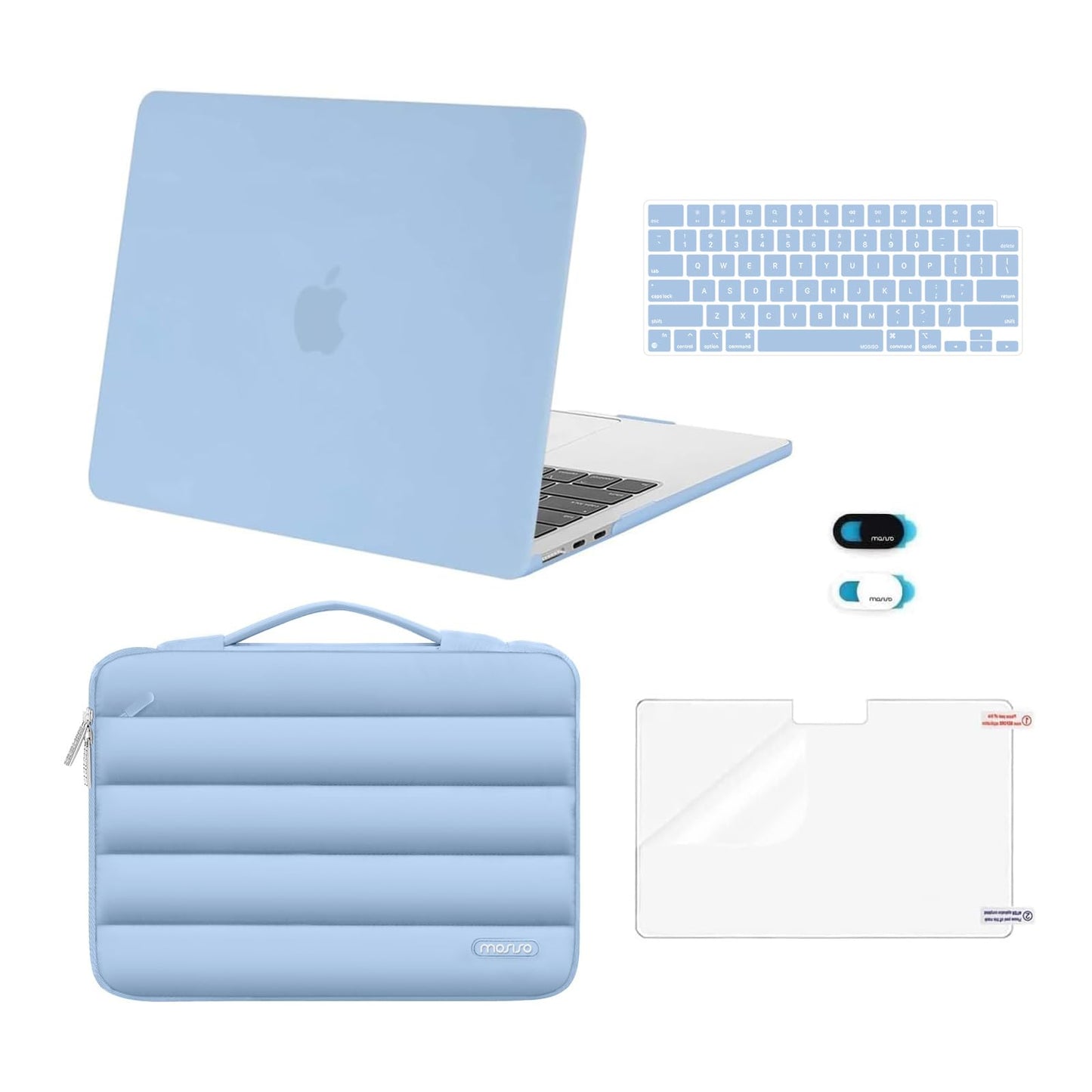 MOSISO Compatible with MacBook Air 13 inch Case M5 2026 M4 2025-2022 M3 M2 A3449 A3240 A3113 A2681, Hard Case&Puffy Bag&Keyboard Cover&Webcam Cover&ScreenFilm for MacBook Air 13.6 Case, Air Blue