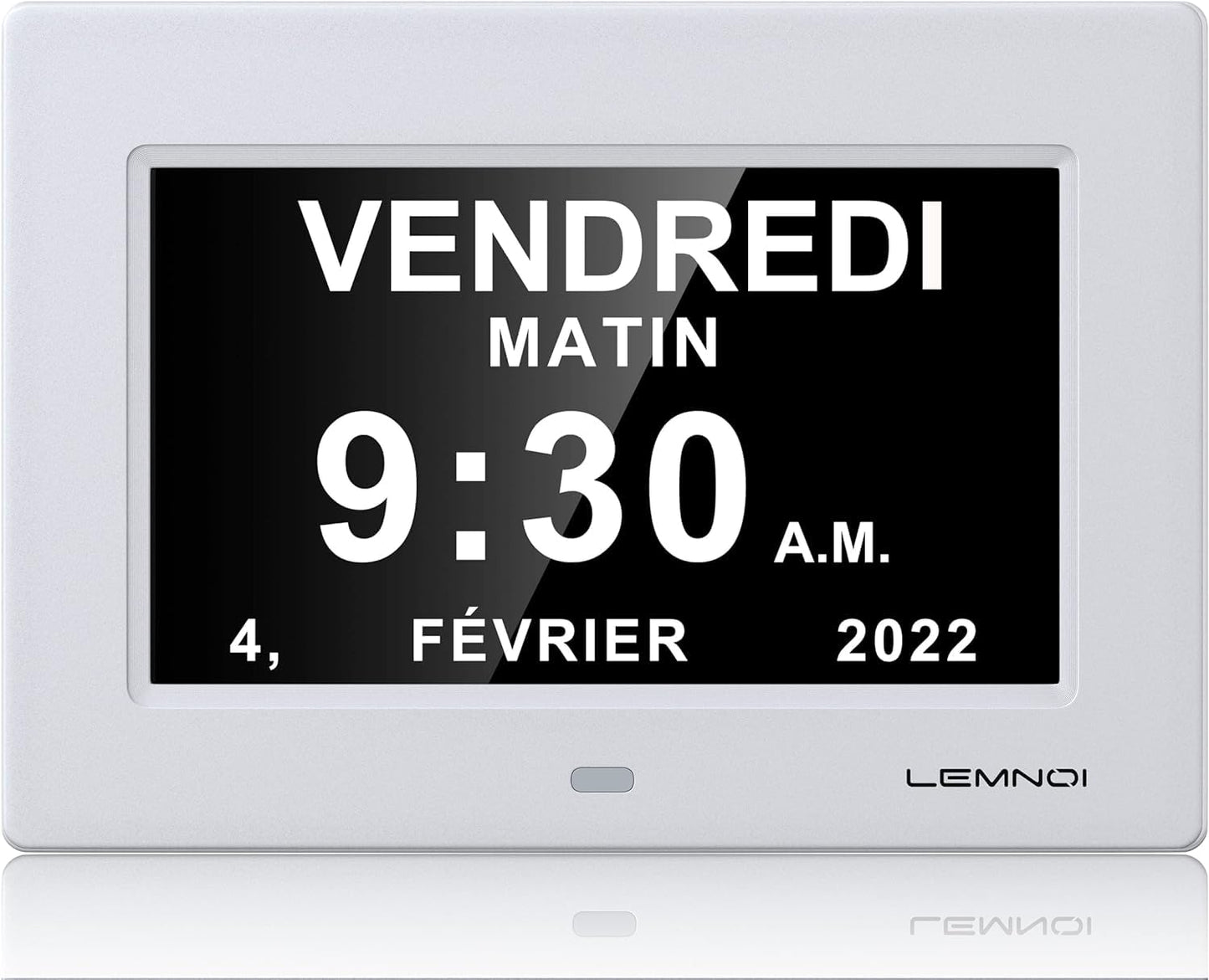Lemnoi 7'' LCD Digital Day Clock Calendar with Date/Day/Time, 8 Languages Auto-Dimming Digital Clock with 12 Programmable Alarms, Reminders Clock for Alzheimer Elderly & Child (White)
