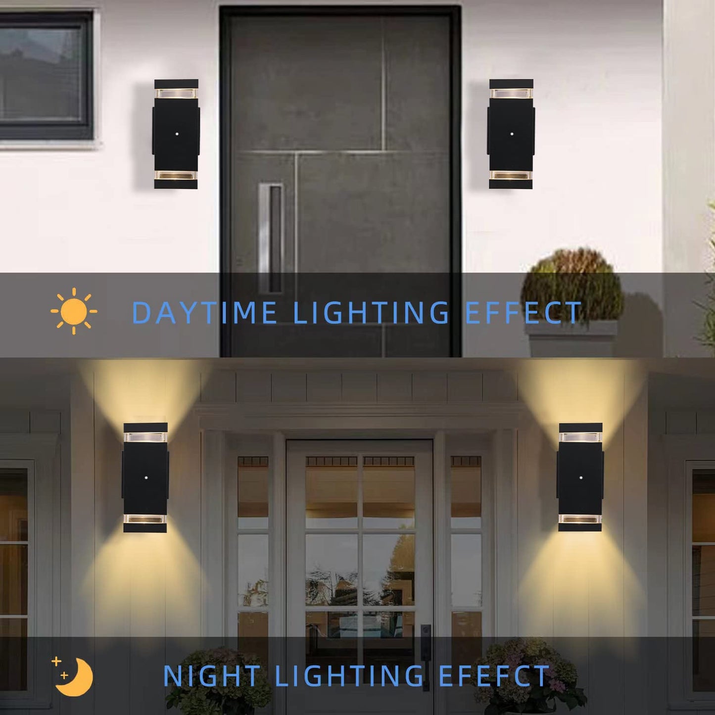 OUTKEIEI Dusk to Dawn Outdoor Wall Lights, 2 Pack Up Down Modern Exterior Light Fixtures Wall Mount, Black Aluminum Waterproof Porch Lighting Front Door Sconces for Outside House