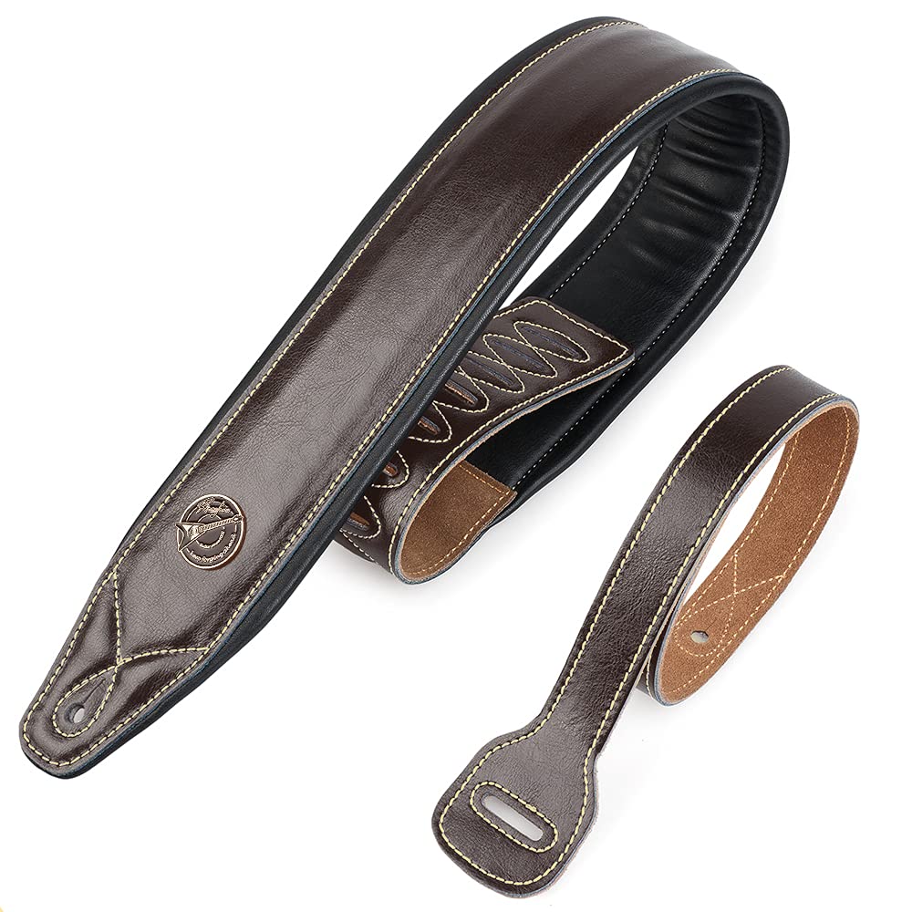 Guitar Strap Leather 3 Inch Wide Full Grain Padded Soft Leather Strap for Acoustic, Electric and Bass Guitars (Brown)