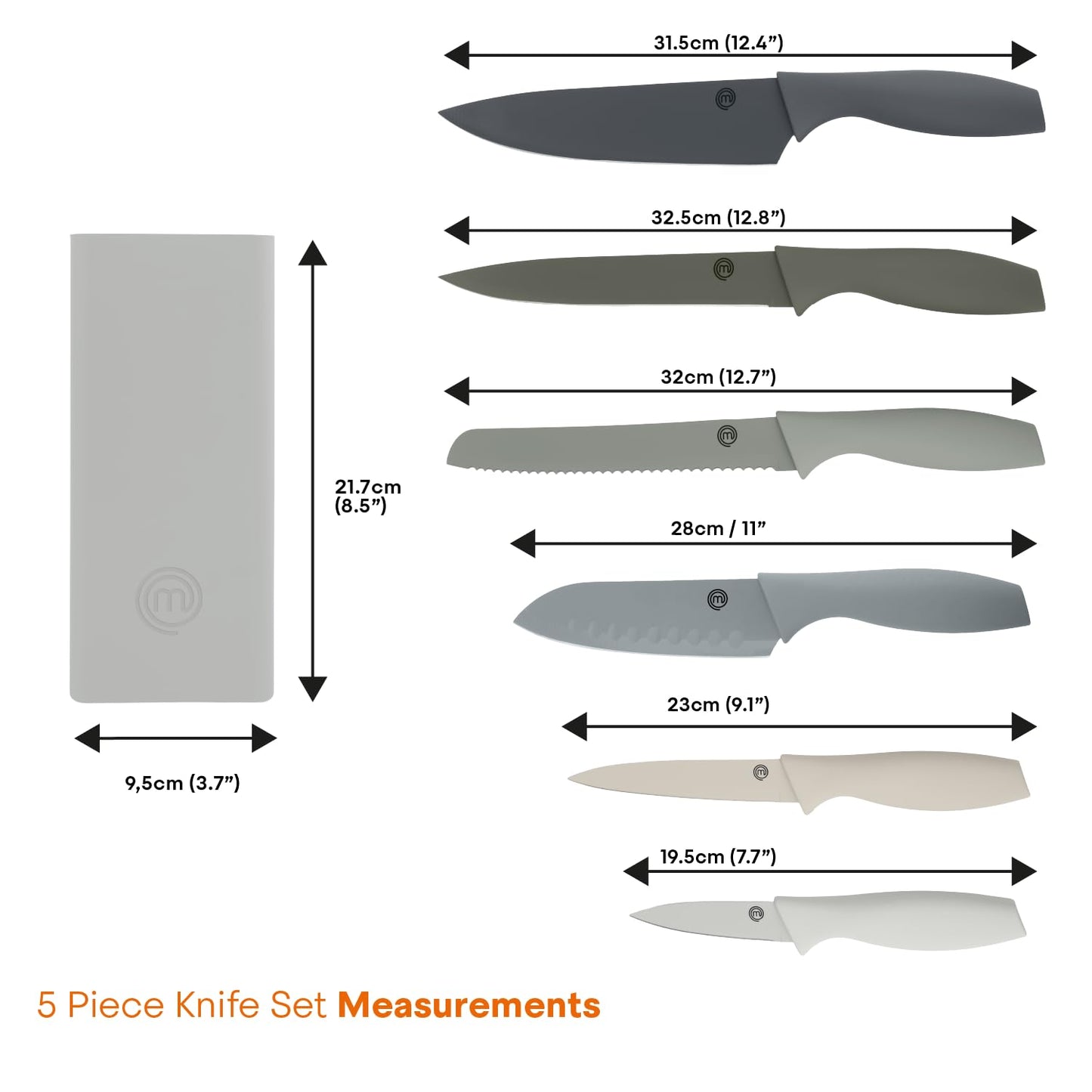 MasterChef Knife Block Set of 6 Kitchen Knives, Extra Sharp Stainless Steel Blades for Professional Cutting with Non Stick Coating & Soft Touch Easy Grip Handles in a Universal Holder, Earth Greys