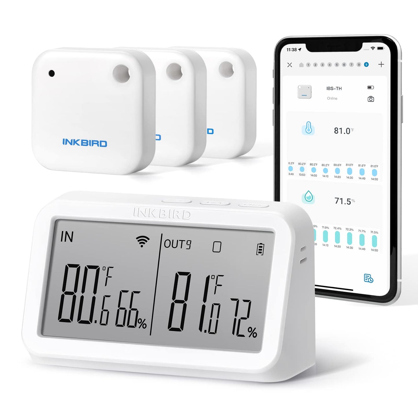 INKBIRD 3 Pcs Bluetooth Temperature and Humidity Sensors with Wi-Fi Indoor Monitor Set, App Control with Alarm Notifications for Refrigerator, Wine House, Reptile Terrarium, Greenhouse