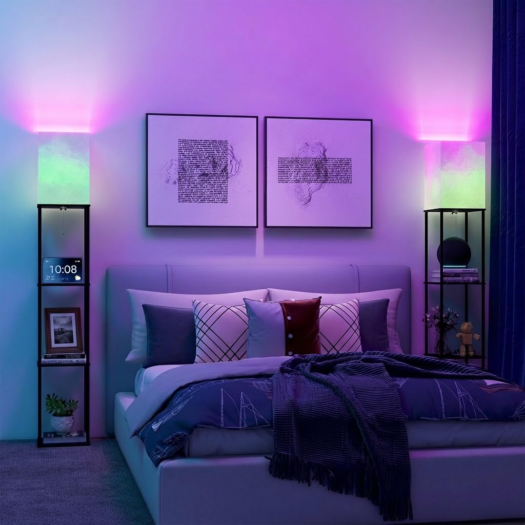 TABEVIO Floor Lamp with Shelves,Smart APP Control Standing Lamp with RGB Bulb with 2 USB Ports, 2 Power Outlet, Corner Lamp with Linen Shade for Living Room, Bedroom, Office