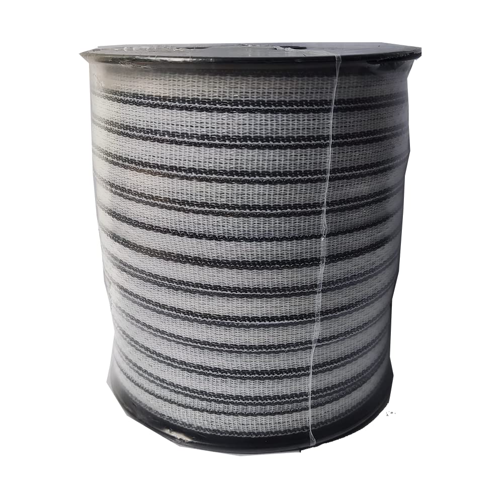 Electric Fence Poly Tape - Long Lasting 5 Stainless Steel Conductors - 656 Feet Roll - 1/2 Inch White and Black Polytape - Suitable for Portable & Semi Permanent Electric Fences