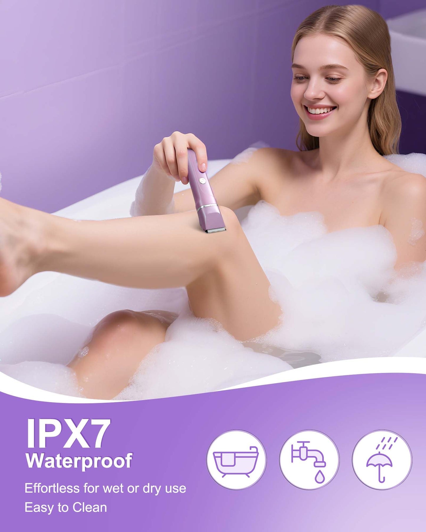 Bikini Trimmer Women,2 in 1 Painless Electric Razor and Facial Hair Remover, Body Groomer IPX7 Waterproof Wet/Dry Cordless Electric Shaver for Face Body Leg Bikini Underarm Arm（Lavender Purple）