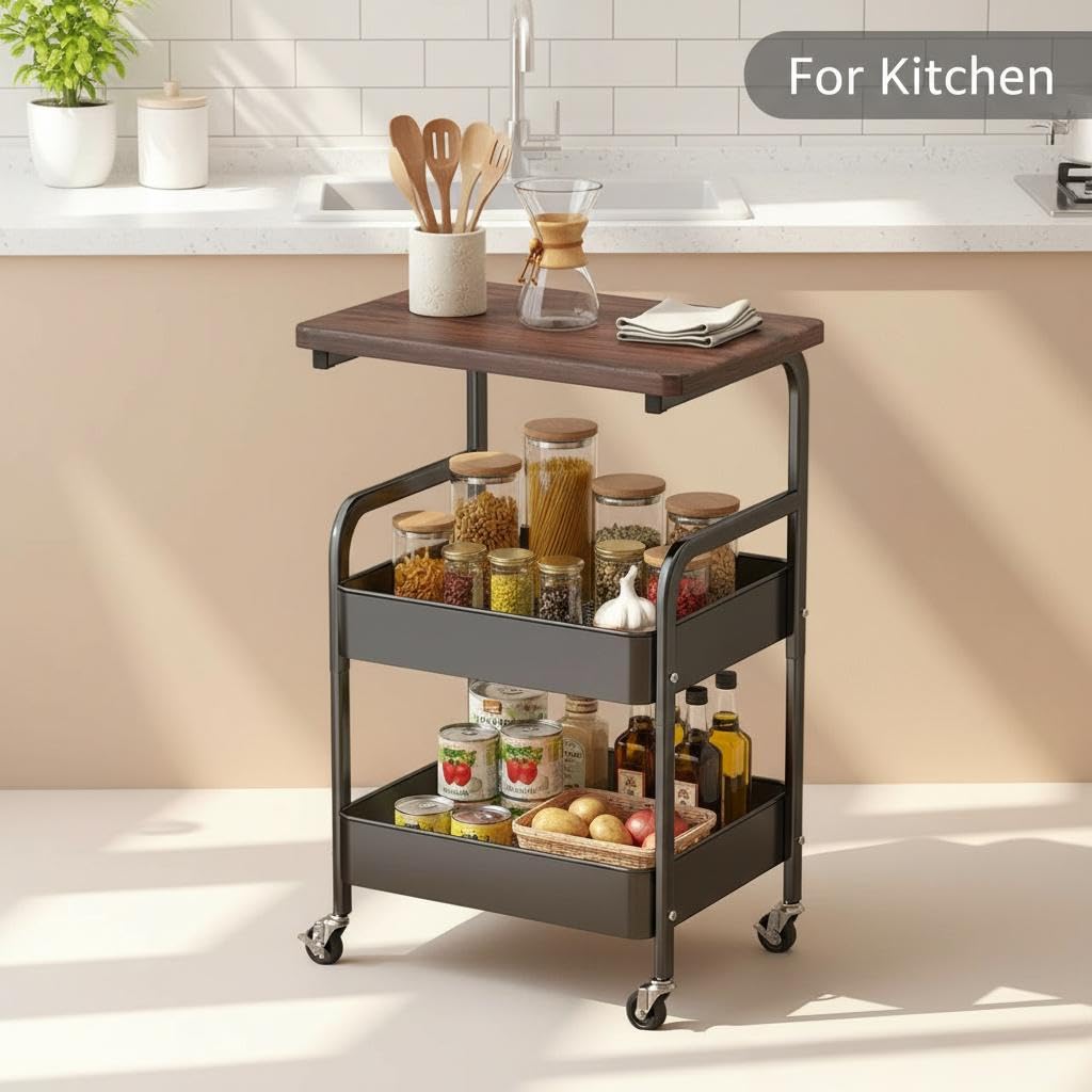 3 Tier Metal Rolling Utility Cart Functional Kitchen Storage Trolley with Wheels Wooden Tabletop Mesh Baskets Organizer for Office Room Bathroom Garage Narrow Cart for Christmas (Black)