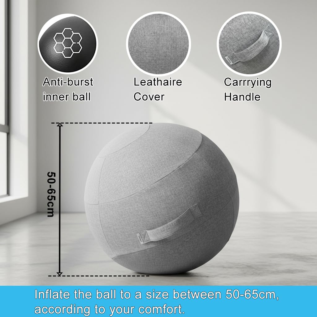 Exercise Ball Chair with Fabric Cover, Standard Size (25inches/65cm), for Home Offices, Balance Training, Yoga Ball (Gray)