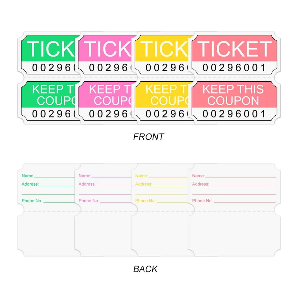 L LIKED Assorted Double Raffle Tickets (4 Rolls of 2000 Double Tickets) 8,000 Total 50/50 (Neon Yellow, Neon Green, Neon Red, Neon Pink)