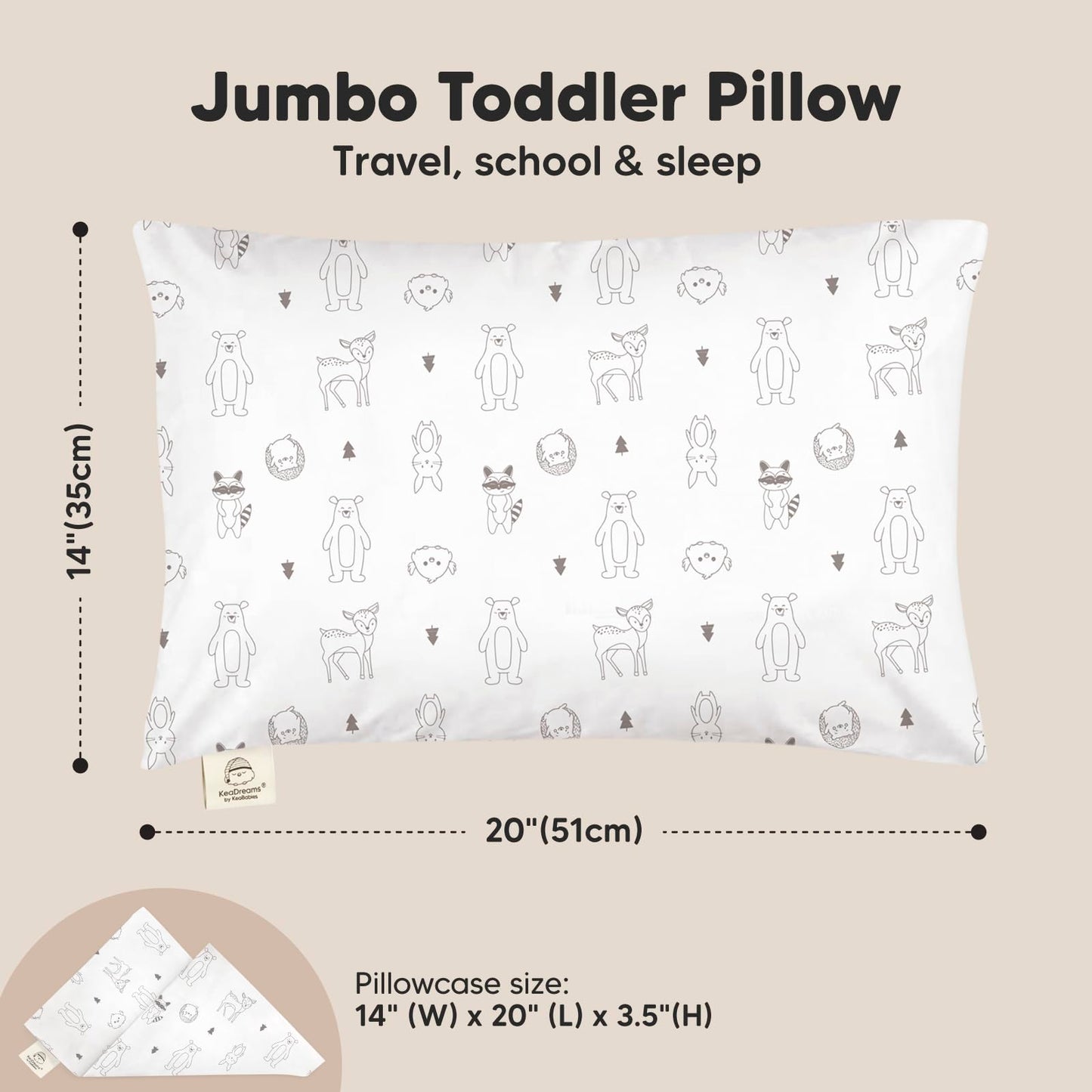 KeaBabies Toddler Pillow with Pillowcase, Jumbo 14X20 - Soft Organic Cotton Toddler Pillows for Sleeping - Machine Washable - Perfect for Travel, Toddler Bed Set (KeaFriends)