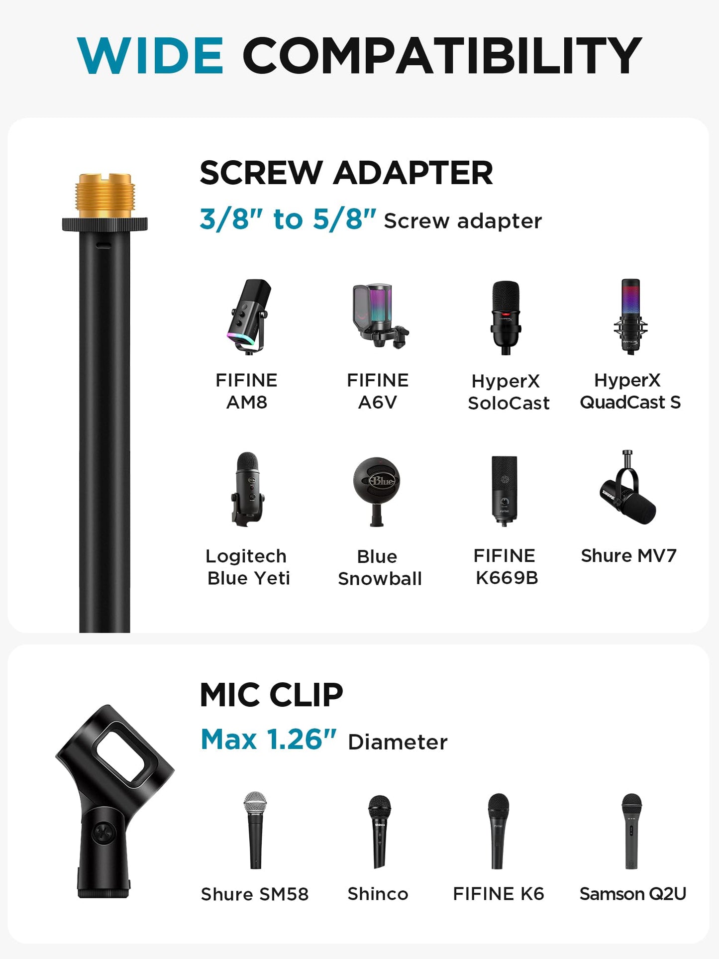InnoGear Adjustable Desk Microphone Stand, Weighted Base with Soft Grip Twist Clutch, Boom Arm, 3/8" and 5/8" Threaded Mounts for Blue Yeti and Blue Snowball, Kick Drums, Guitar Amps