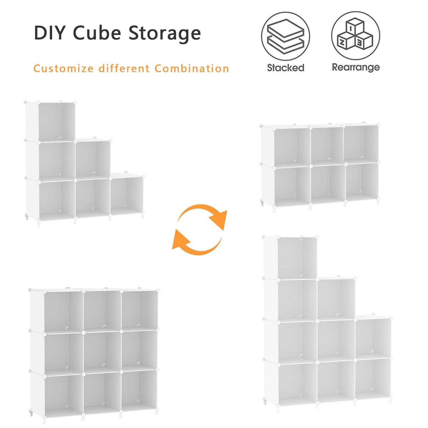 AWTATOS Cube Storage Organizer, Storage Cubes Shelves Bookshelf, 6 Cube Closet Organizers and Storage, DIY Stackable Plastic Clothes Organizer Shelving for Bedroom, Home Office, White