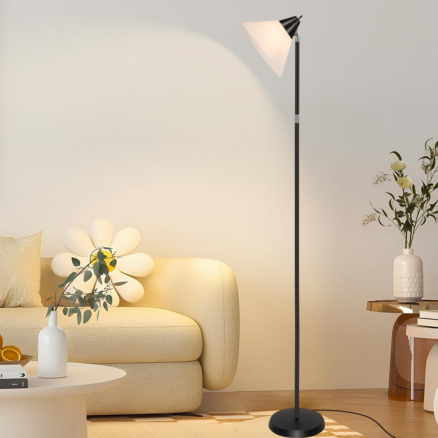HonoDing Modern Floor Lamp for Living Room, Adjustable Height Standing Lamps, 360° Adjustable Head Arcylic Shade Floor Lamps, Corner Lamps for Bedroom, Office, Reading (Black)