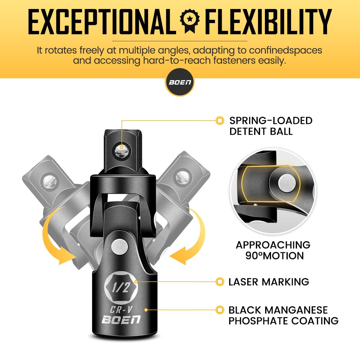 Boen 21 Piece 1/4" & 3/8" & 1/2" Drive Tool Accessory Set, Includes Socket Adapters, Extension Bars, Swivel Universal Joints, Impact Coupler and 1/4" Hex Shank