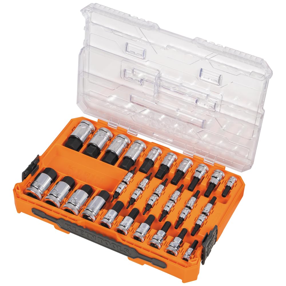 Klein Tools 65233HEX Hex Bit Socket Set, 1/4, 3/8, 1/2-Inch Drives, Knurled, SAE (5/64 to 3/4 inch) and Metric (2 to 19mm) with MODbox Case, 32-Piece