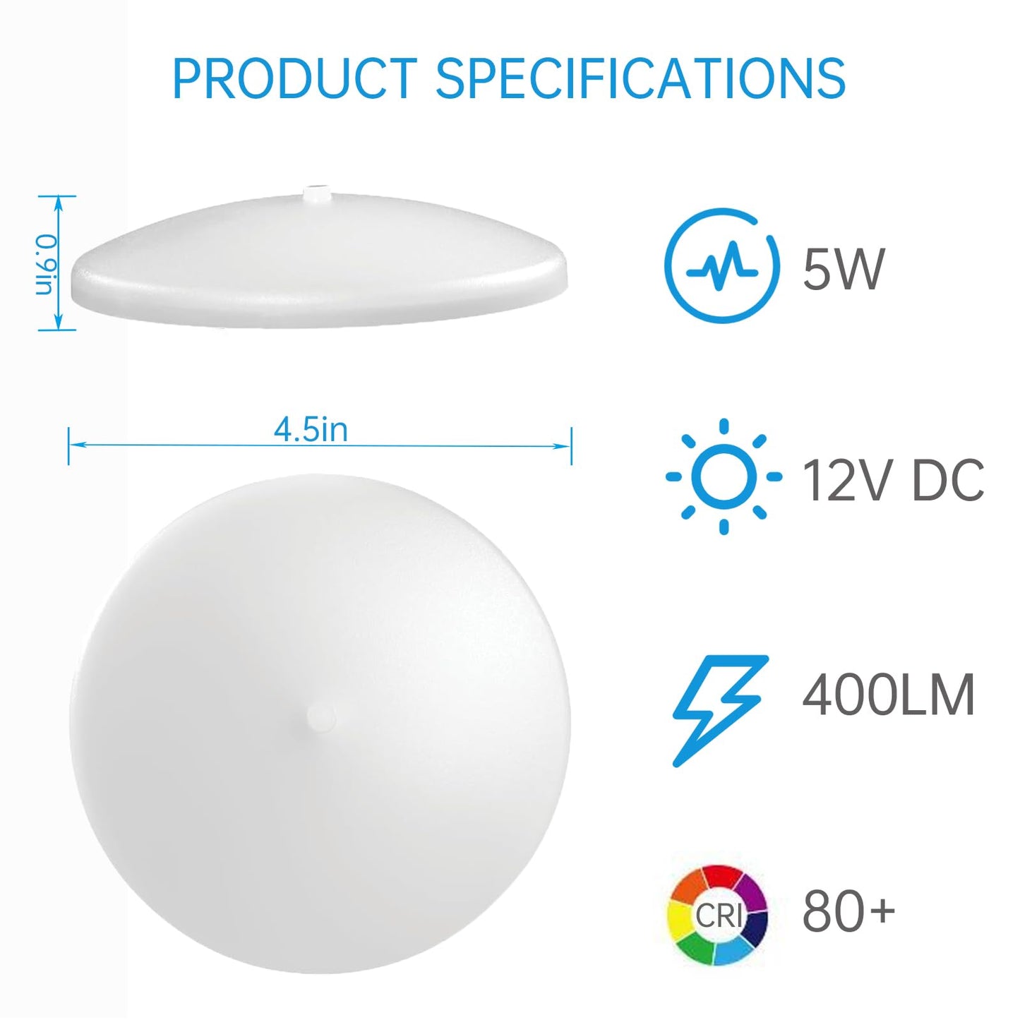 5CCT LED RV Dome Ceiling Lights, On/Off Switch, DC 12V Surface Mount Interior Puck Light for Slim Motorhome, Trailer, Boat, Camper Lighting, 5W, 2700K/3000K/3500K/4000K/5000K, 4.5 Inch, 6 Pack