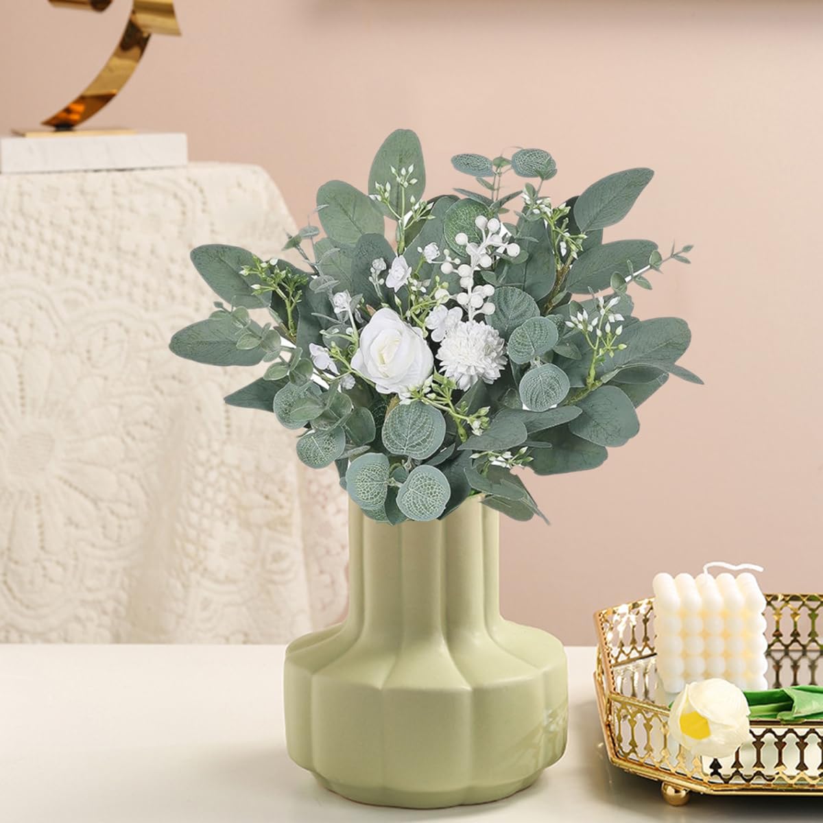 WONICE Mixed Eucalyptus Leaves Stems Bulk Artificial Silver Dollar Leaves Picks Dried Eucalyptus Bundle Faux Spray for Wedding Vase Bouquet Decor (120, Green)