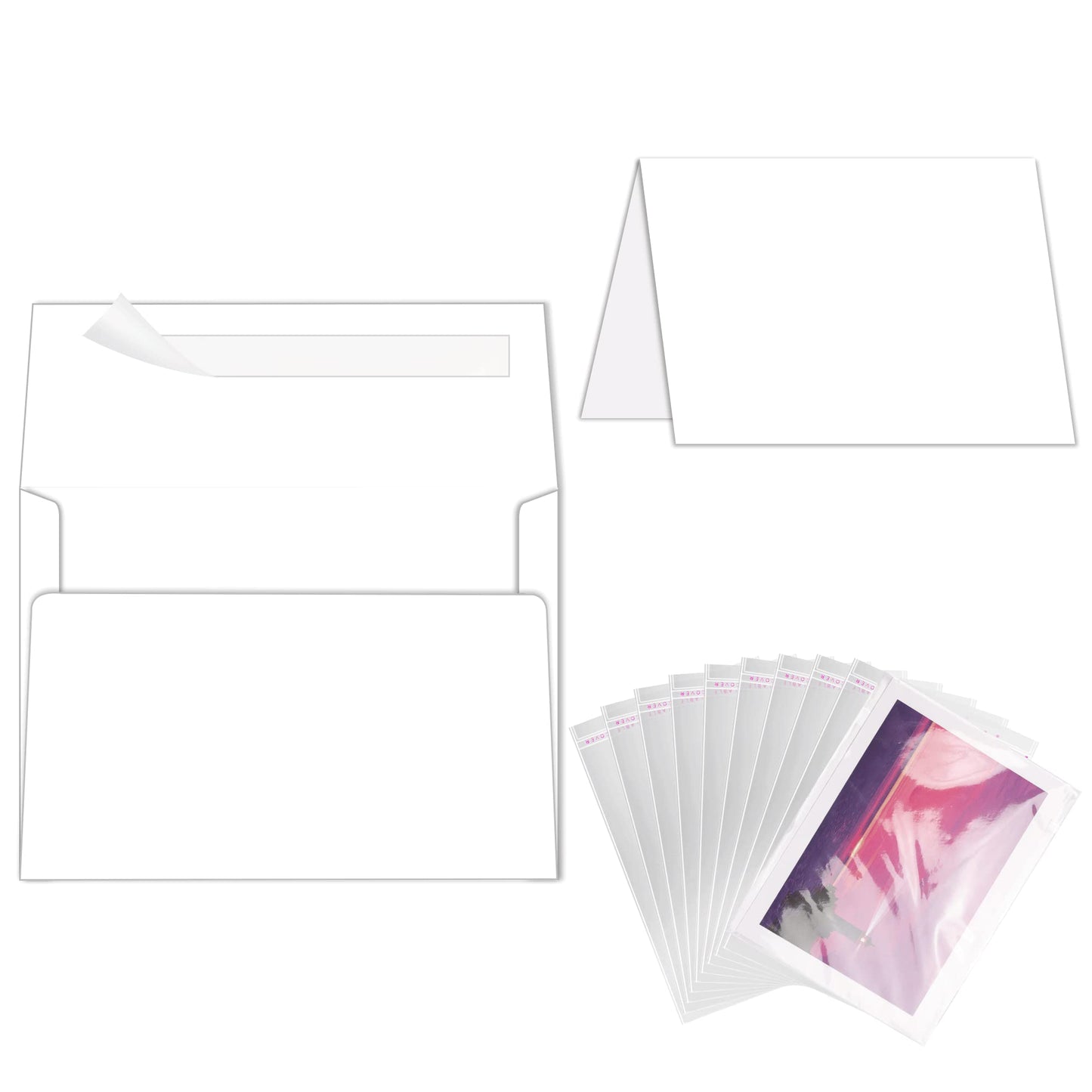 Goefun Blank White Cards and Envelopes with Clear Cello Bags, 100 Pack 5 x 7 Folded Cardstock and A7 Envelopes Self Seal for Invitations, Wedding, Birthday and DIY Greeting Cards