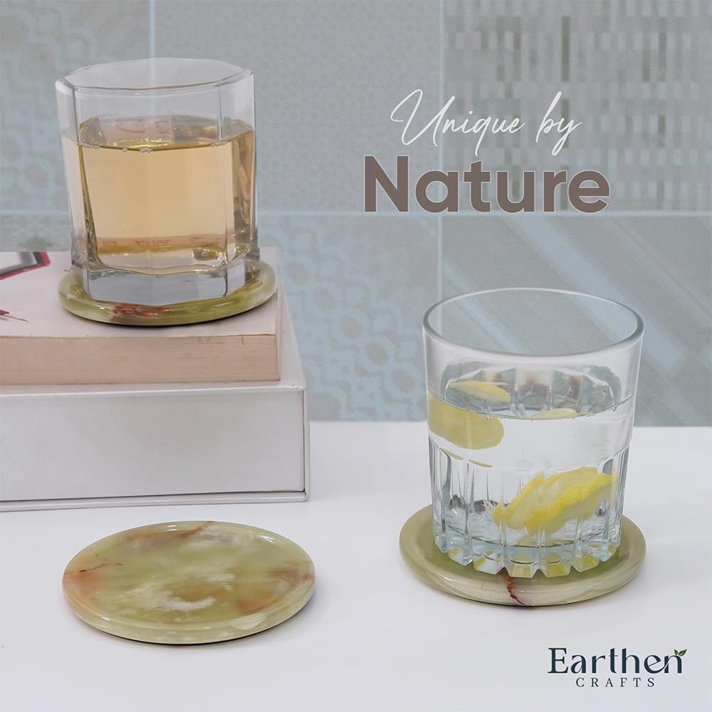 Earthen Crafts Marble 3.5" Green Drink Coasters Set Pack of 6 – Round Stone Coaster with Holder & Lid for Table Countertop – Kitchen Use & Coffee Decor