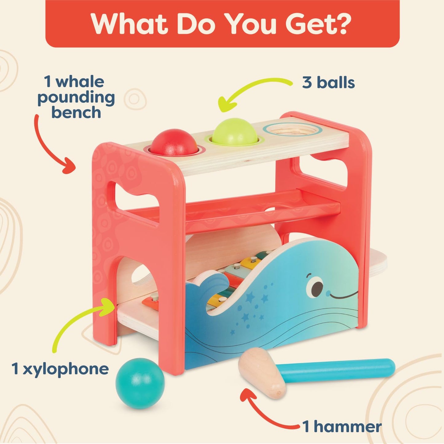 B. Toys – Xylo – Pound Whale – Musical Instrument – Wooden Hammer & Balls – Developmental Toy for Toddlers – 1 Year +