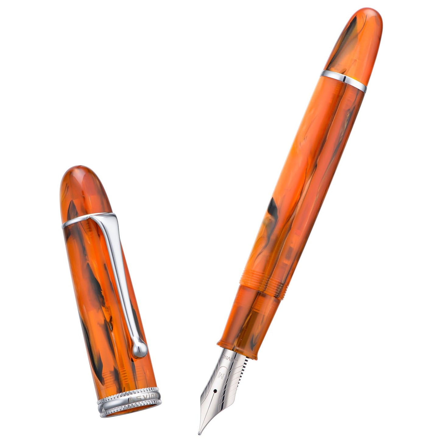 Asvine V800 Fountain Pen, Vacuum Filling System with Large Ink Capacity, Number 8 Nib, 1.1mm Nib, Calligraphy Art Drawing with Key, Amber