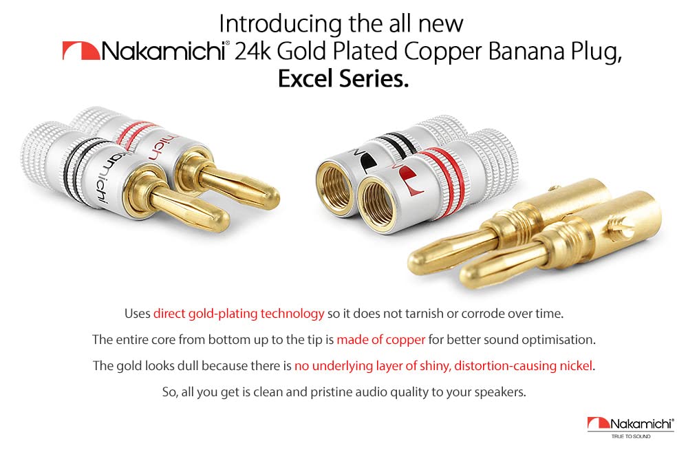 Nakamichi Excel Series 24k Gold Plated Banana Plug 12 AWG - 18 AWG Gauge Size 4mm for Speakers Amplifier Hi-Fi AV Receiver Stereo Home Theatre Radio Audio Wire Cable Screw Connector 12 Pcs (6-Pairs)