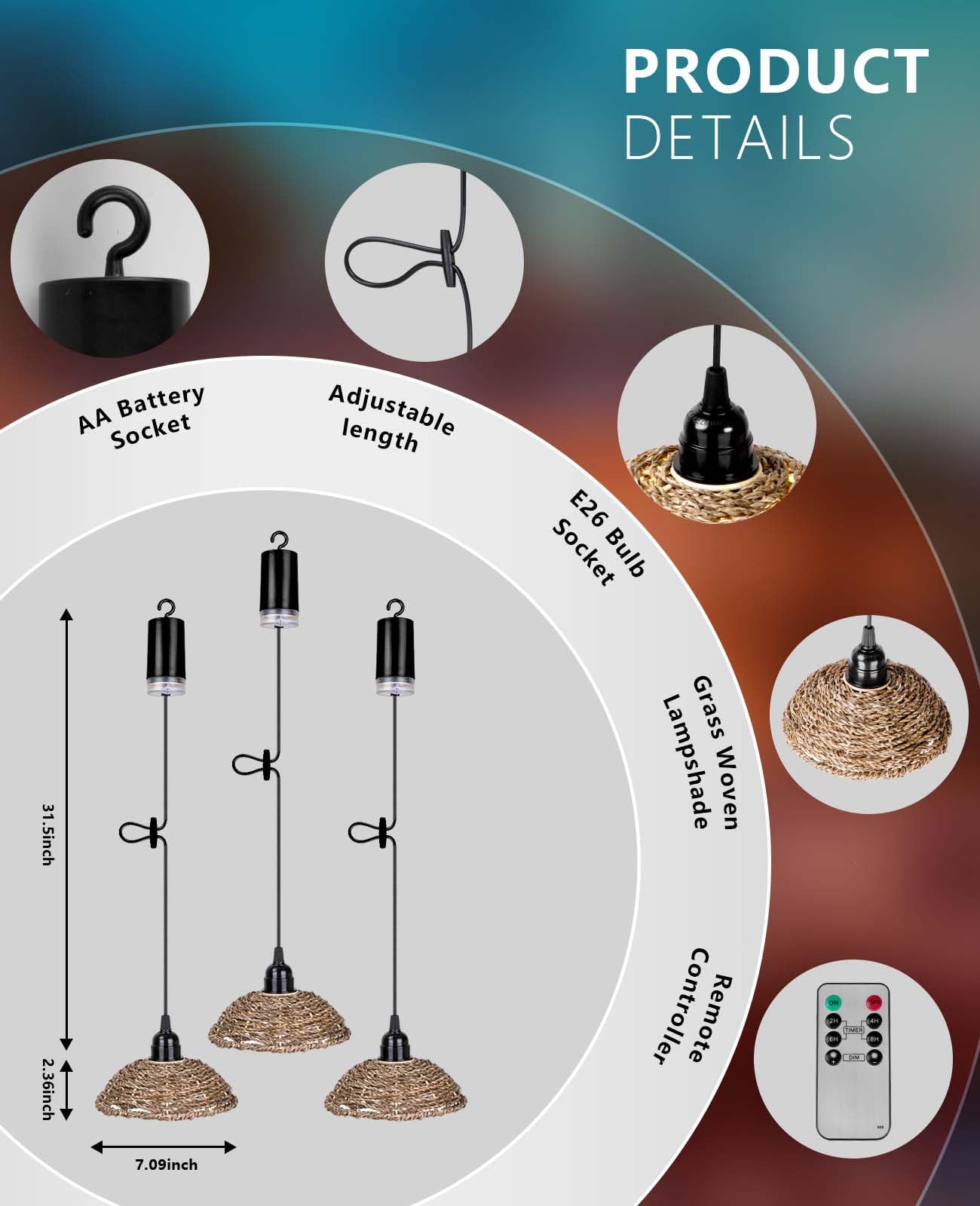 AVAMERY Outdoor Chandelier Lights Waterproof, Battery Operated Pendant Lights for Gazebo, Pergola, Patio, Porch, IP65 Weatherproof(3 Packs)