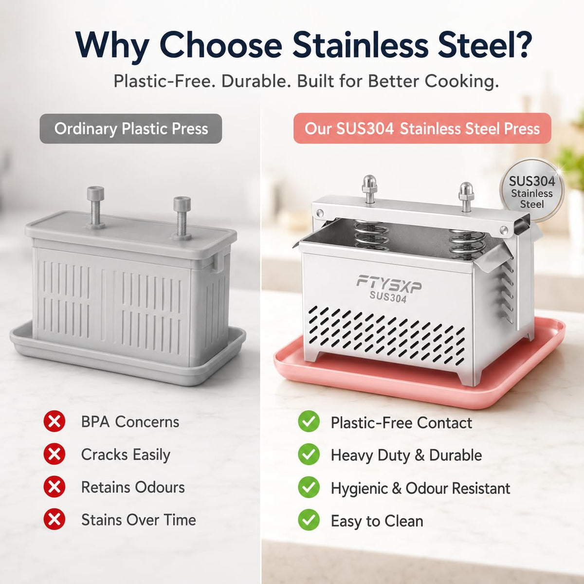 Tofu Press -304 Stainless Steel Cheese Press, Paneer Make and Vegetarian Tofu Press, Heavy Pressure Adjustable,BPA Free, Dishwasher Safe for tofu Maker and ham Press,Meat Pressing (L)