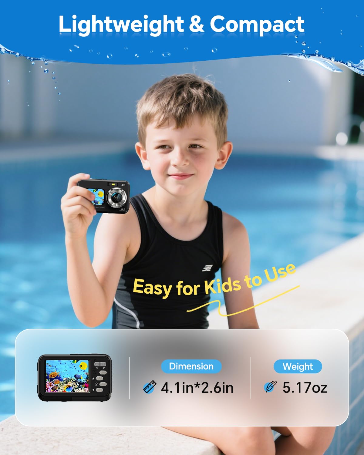 4K Underwater Camera Snorkeling 11FT Waterproof Camera 64MP Autofocus with 32GB Card Dual Screens Selfie 16X Zoom Floatable Compact Digital Camera Waterproof with 2 Batteries (Black)