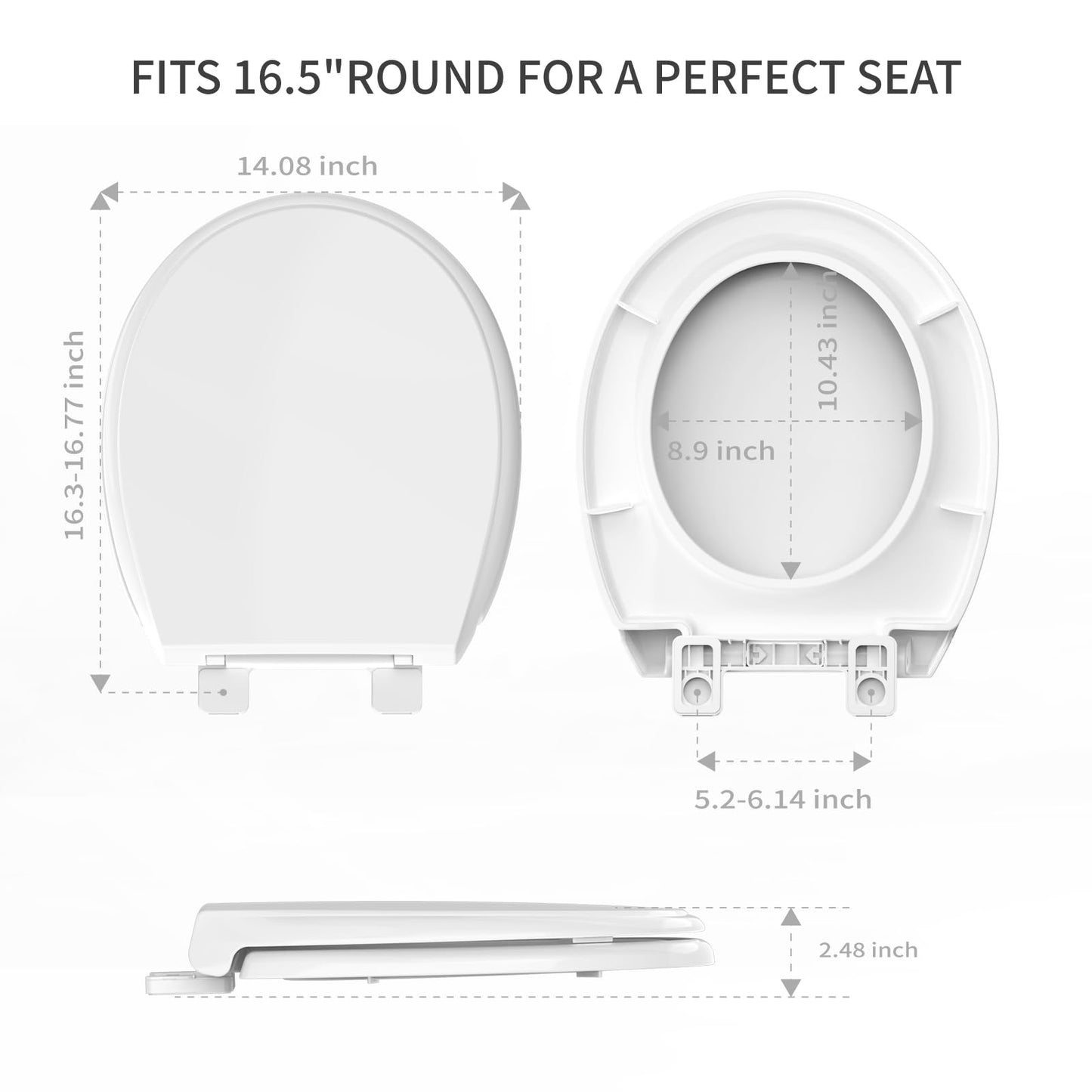 Meydrdou Toilet Seat Round Soft Close 16.5inch，Toilet Lid Slow Close Quiet,No Slapping,Easy Installation & Release,Safe PP Material Easy Clean，2 Years Support, White Plastic