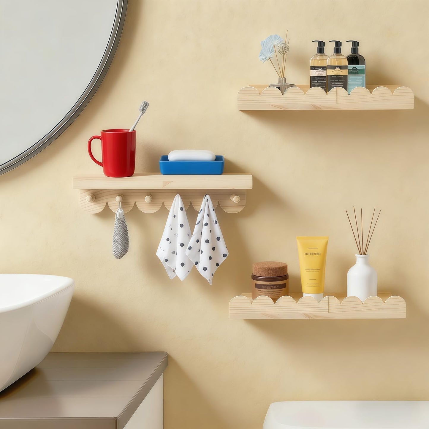 Nursery Book Shelves, 3PCS Wooden Scalloped Shelves with Round Hooks, Floating Shelves Wall Mounted Organizer for Bedroom, Living Room Decor
