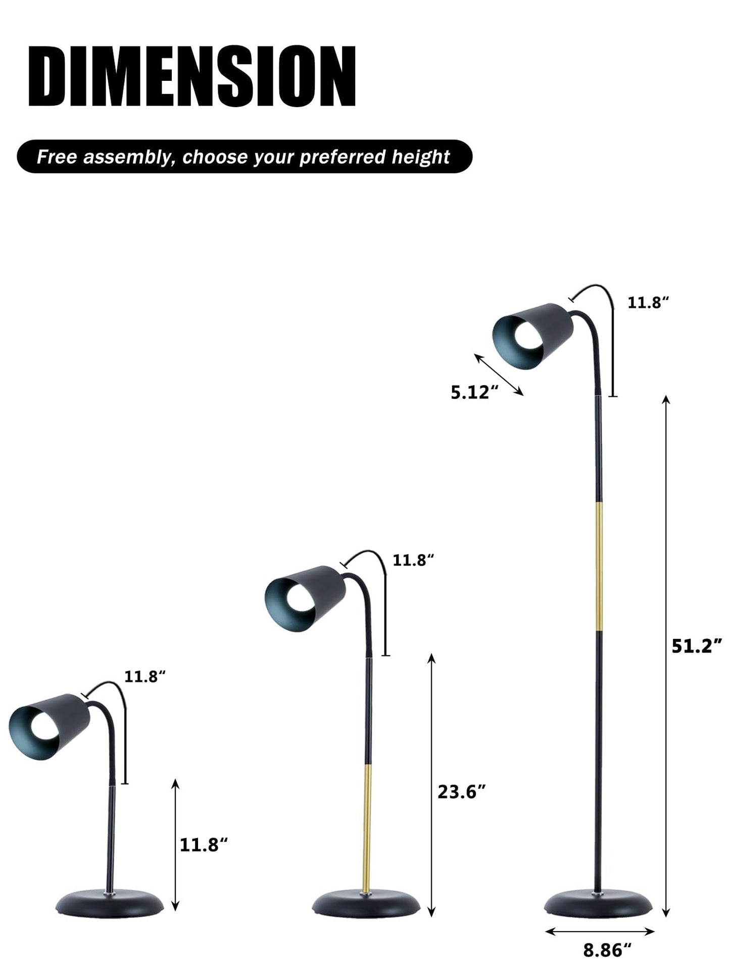 Floor Reading Lamp, Industrial Metal Standing Lamps with Adjustable Bendable 2 in 1 Table Lamps for Living Room Bedroom Office, 12W Bulb Included (Black)