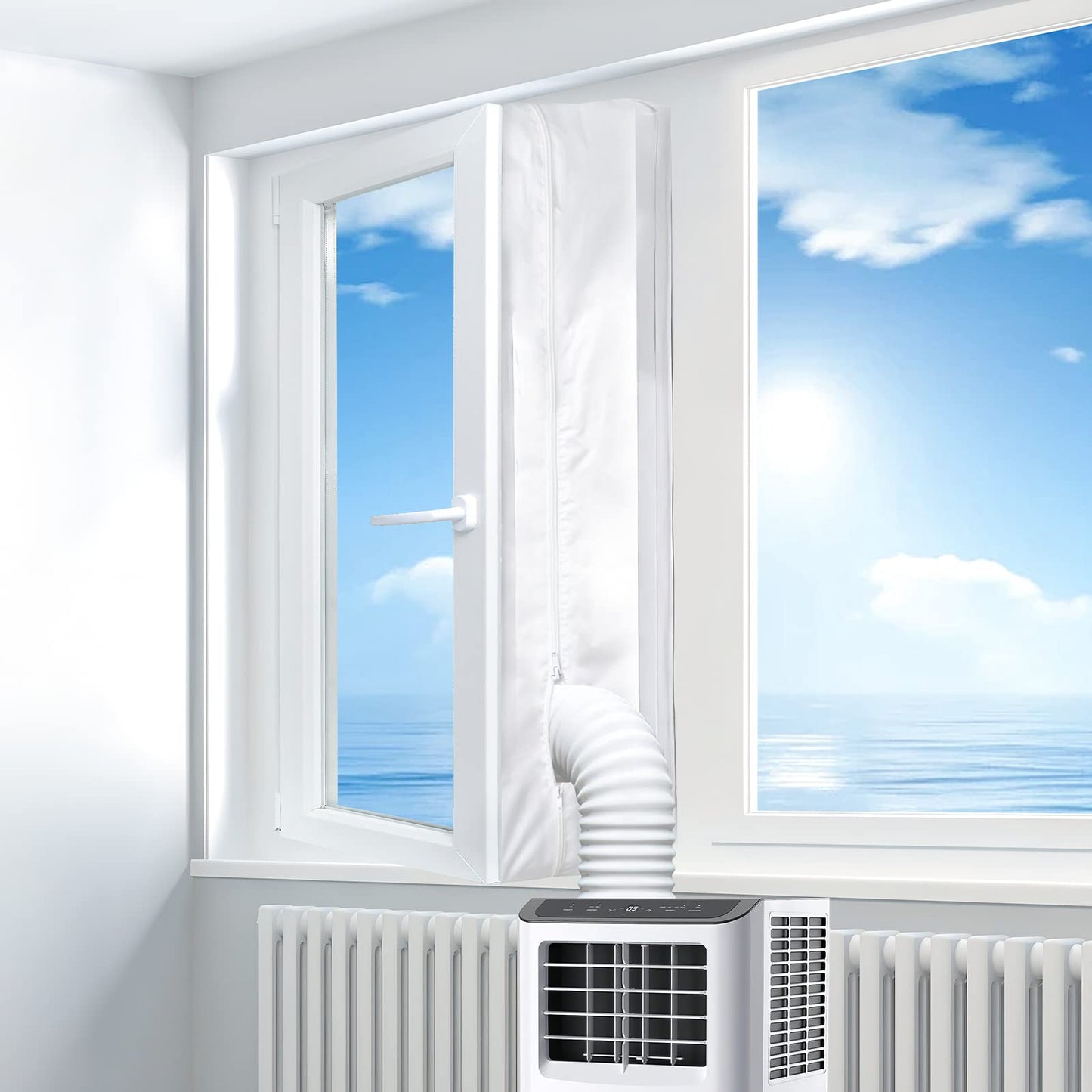 Gruntbear Portable Air Conditioner Window Seal, 500CM (197'') AC Casement Window Seal Kit, Hot Air Stop Air Exchange Guards with Zip and Adhesive Fastener Works with Tumble Dryer, Keep House Cool