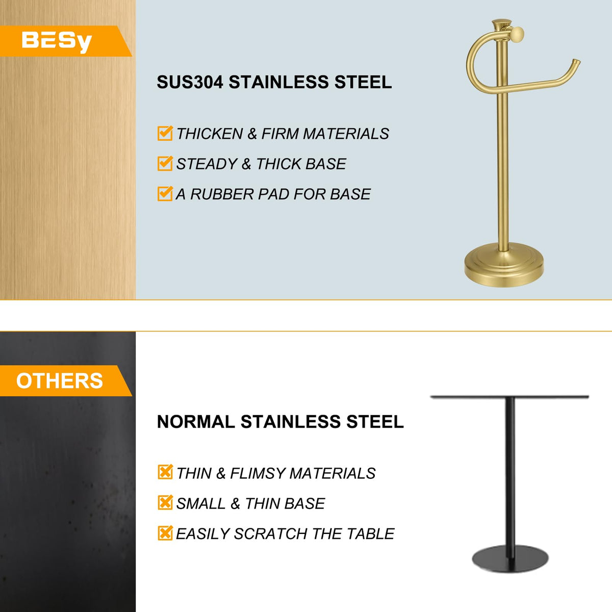 BESy 17 Inch Brushed Gold Stand Towel Bar Hanger Hand Towel Bar Bathroom Vanity Countertop Towel Holder Free Standing Stainless Steel Towel Ring Hardware Accessories Towel Rack