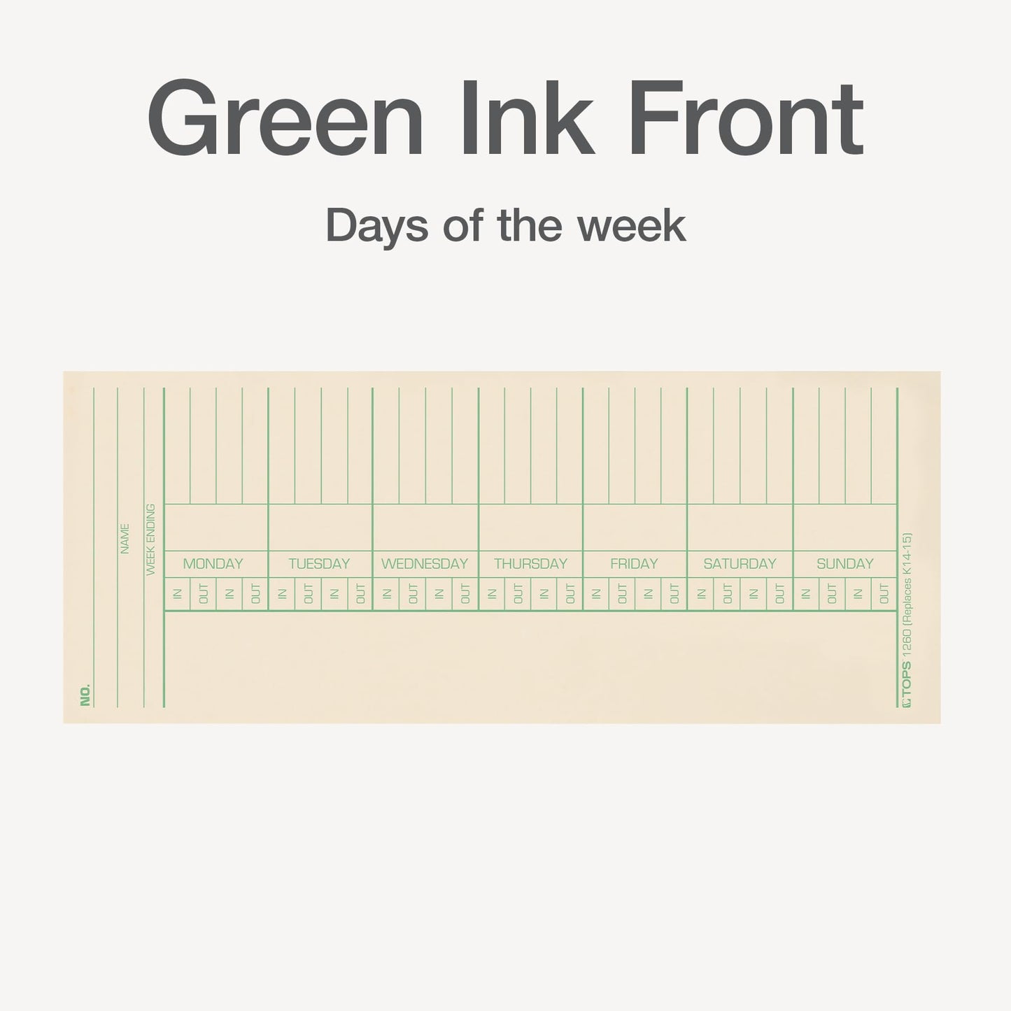 TOPS Weekly Time Cards, Green Ink Front, Red Ink Back, 3.375 x 8.25 Inches, 500-Count, Manila (1260)
