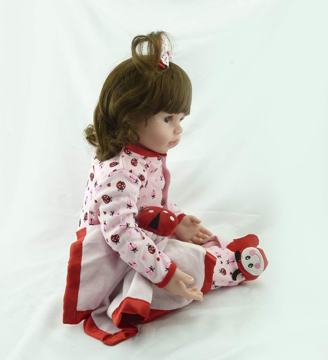 TERABITHIA 18inches 46cm Realistic Adorable Ladybird Princess Baby Girl Doll in Silicone Vinyl Long Curly Hair Stuffed Cloth Body Reborn Newborn Dolls Children's Day Gift