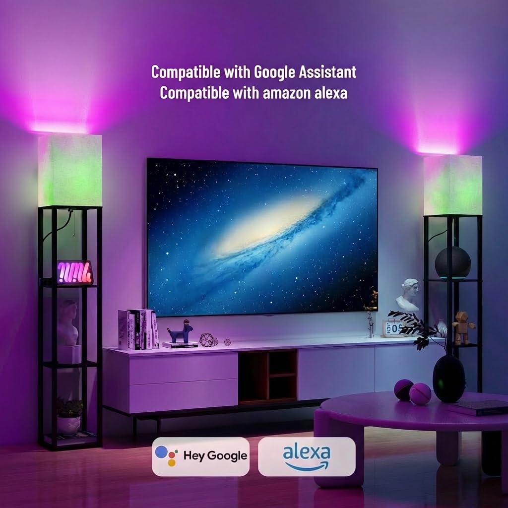 TABEVIO Floor Lamp with Shelves,Smart APP Control Standing Lamp with RGB Bulb with 2 USB Ports, 2 Power Outlet, Corner Lamp with Linen Shade for Living Room, Bedroom, Office
