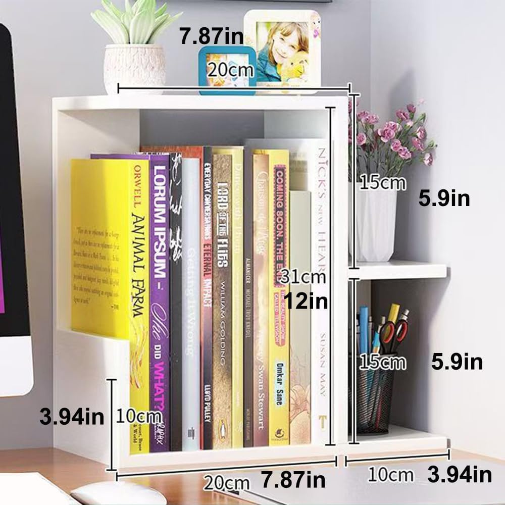 Hbluefat Desktop Bookshelf Organizer, Small Wooden Storage Rack, Multi-Functional Desk Display Shelf for Home Office (White)