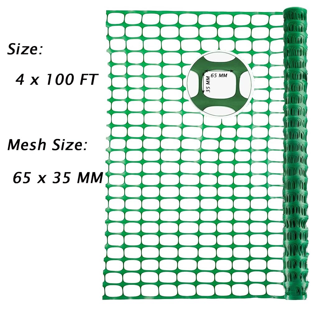 4x100 Ft Green Garden Fence Animal Barrier Reusable Netting Plastic Roll Temporary Pool Construction Fencing for Poultry Dogs Safety Snow Fences Durable Yard Pet Mesh (Green)