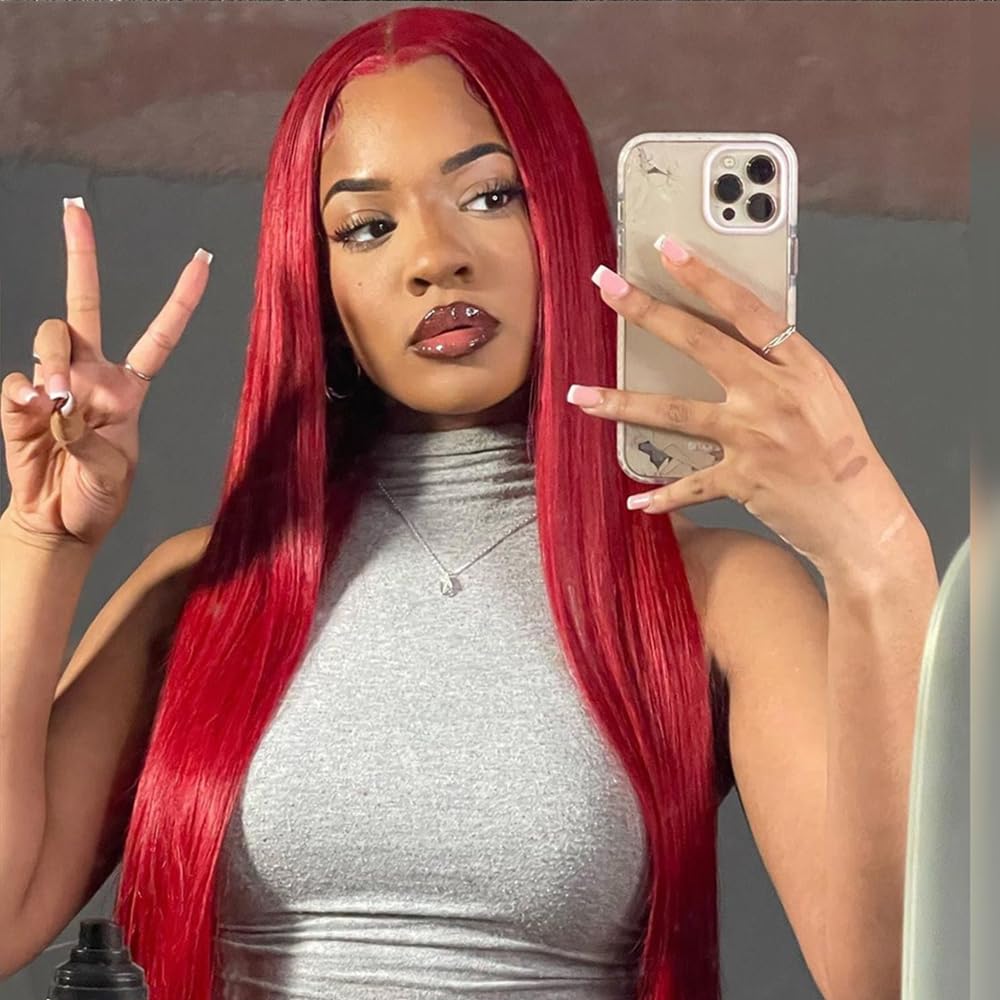 Maycaur Red Wigs for Women Black Long Straight Synthetic Lace Front Wigs Pre Plucked Hairline Glueless HeatResistant Long Wigs Free Part Hair Replacement Wig for Daily Use 26 Inch