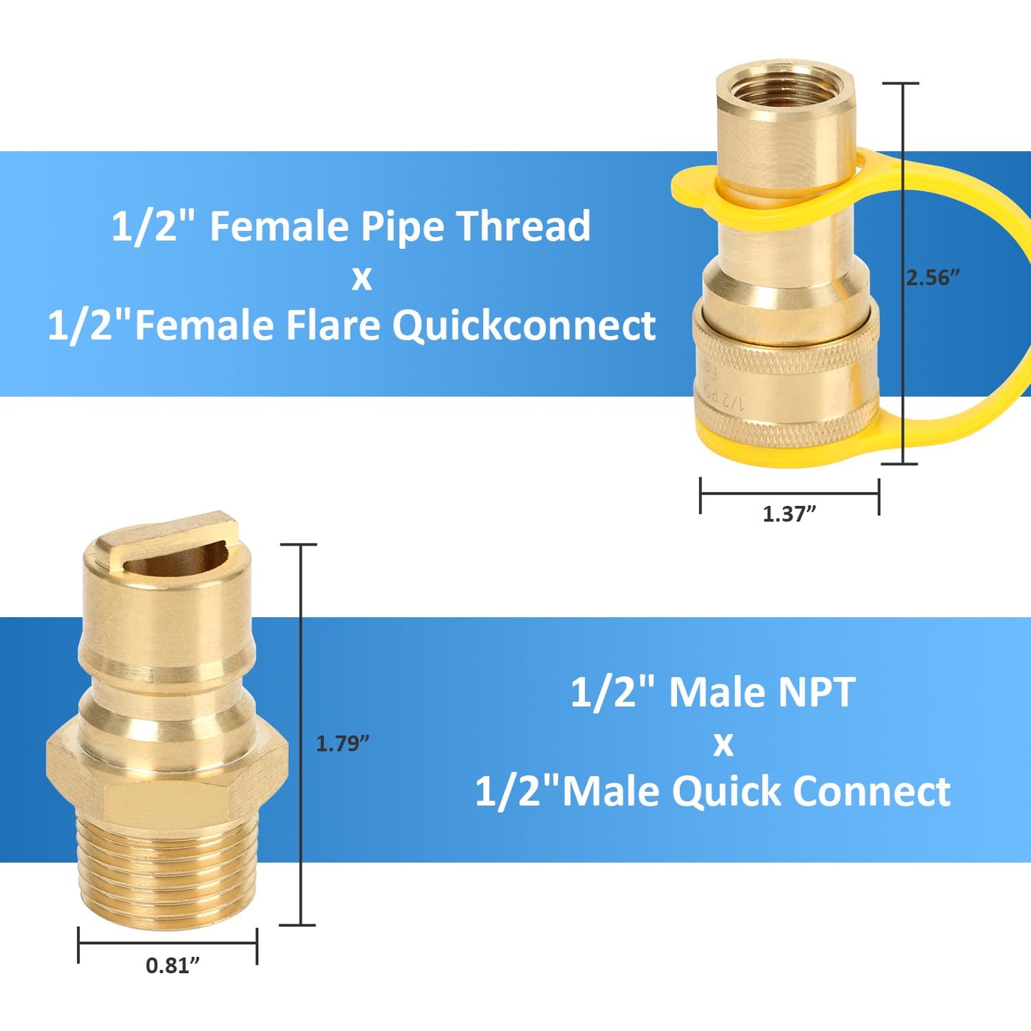 ATKKE 1/2" QDD LP Natural Gas Quick Connect Fittings Kit, Natural and Propane Gas Hose Quick Connect/Disconnect Plug Set, 100% Solid Brass with Dust Cover