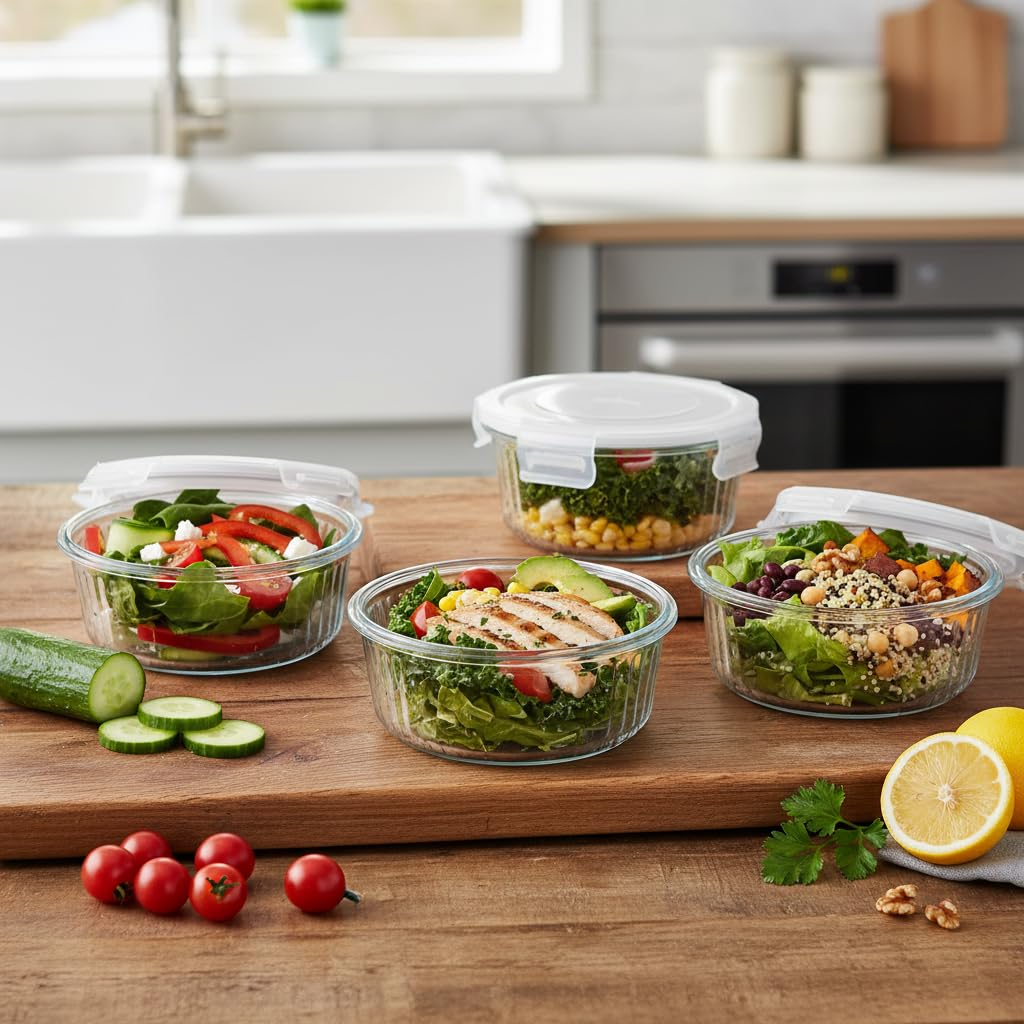 H.JSS WDJS 370ml Round Glass Food Storage Containers Airtight Lids, Small Round Glass Containers for Food Storage, Leak-proof, BPA free Meal Prep Bowls, Dishwasher, Microwave, Freezer Safe (4Pack)