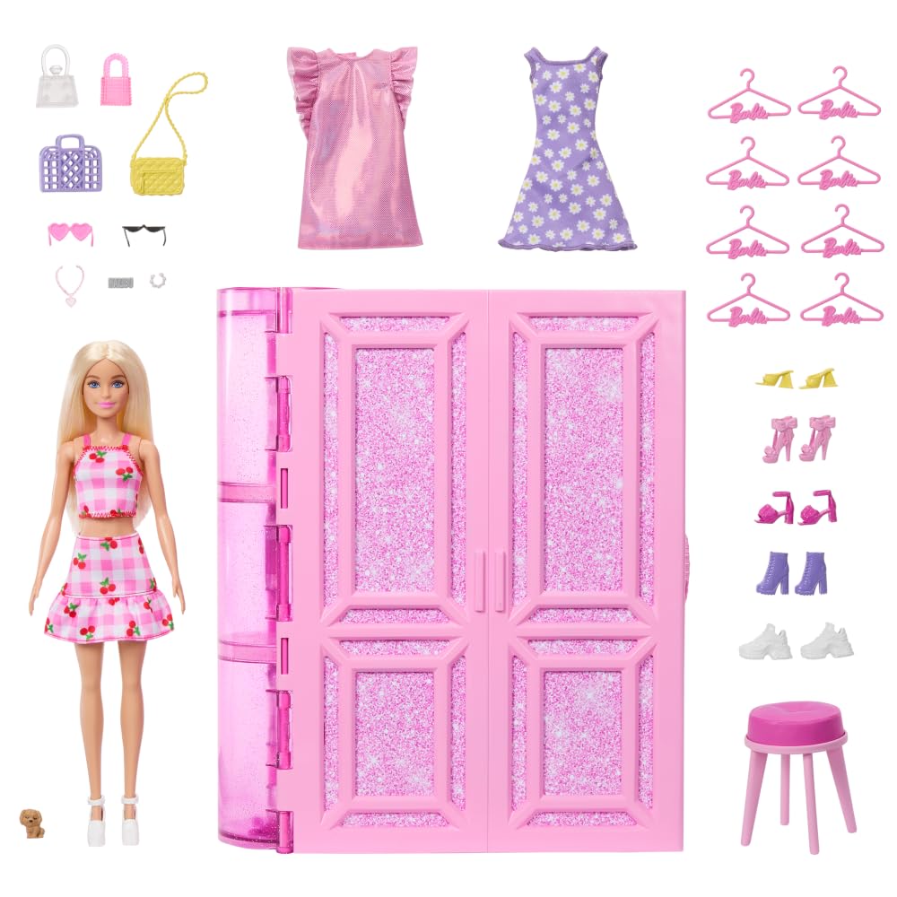 Barbie Dream Closet Toy Playset with Blonde Fashion Doll, Clothes & Accessories, 3-ft-Wide with 25+ Pieces, 3 Complete Looks