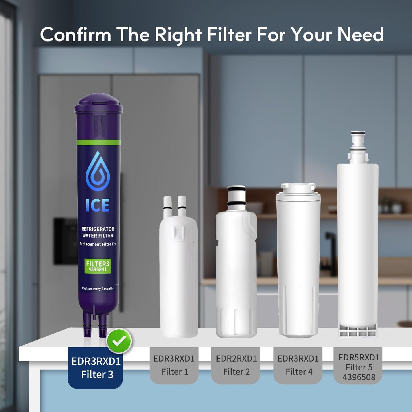 Perfect Ice Refrigerator Water Filter Compatible with Whirlpool EDR3RXD1,EDR3RXD1B,4396841,4396710,4396710P,4396710B, Kenm0re 9083,9030,46-9030(3 Pack Blue)