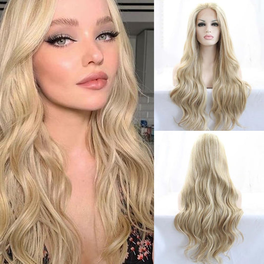 Angle Lucky Blonde Wavy Wig for Women Highlight Blonde Synthetic Lace Front Wig Long Wavy Piano Color Glueless Wig Heat Resistant Fiber Hair Replacement Wig for Drag Queen Makeup (24, Highlight Blonde)