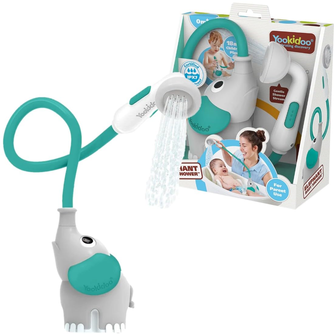 Yookidoo - Elephant Baby Bath Shower Head - Grey/Forest Green - Suitable for Newborns, Infants, and Toddlers - Can be Used as a Bath Toy - Compact and Portable - from Birth - 40250