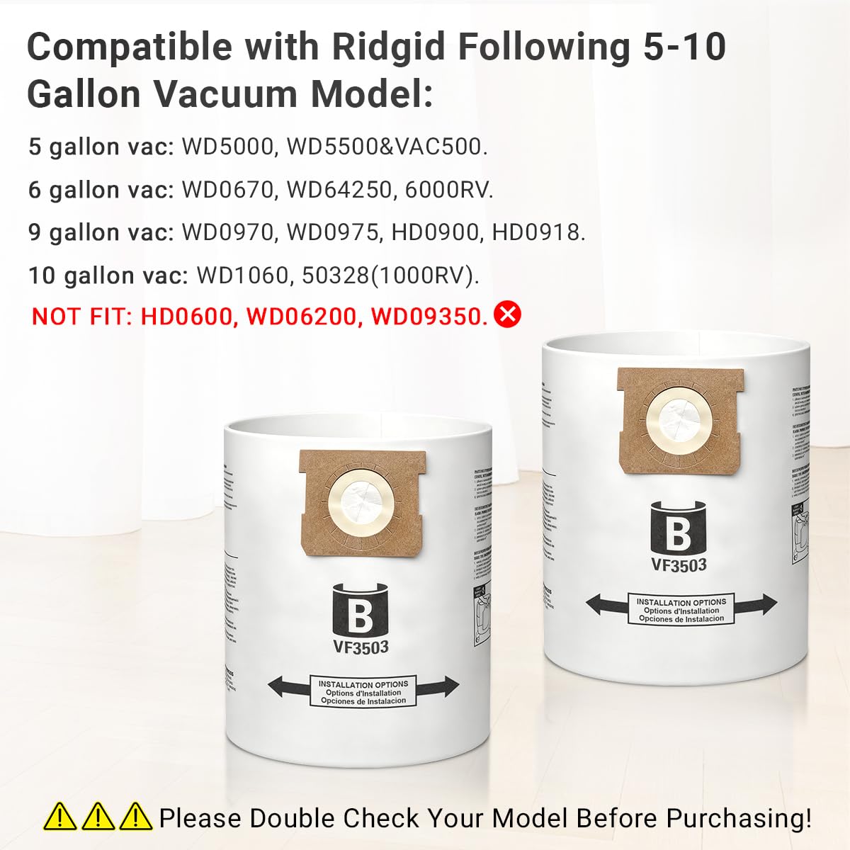 Zibopon VF3503 Vacuum Bags Compatible with Ridgid 5 to 10 Gallon Wet/Dry Vacs, Size B(10 Pack)