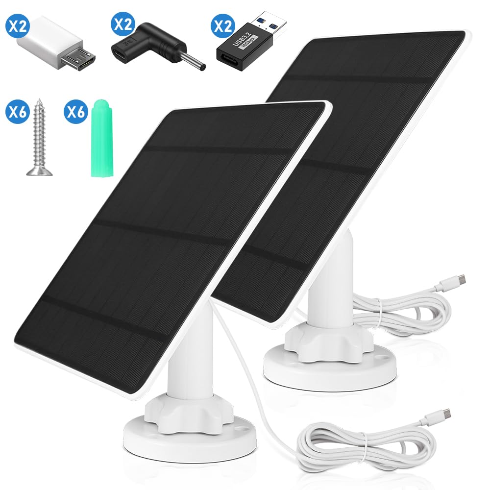 5W Solar Panel for Security Camera 2 Pack, 5V Solar Panel Charger is Compatible with WYZE Battery Cam Pro, Eufy Camera & Arlo Essential Spotlight/XL Spotlight Camera, with Micro USB, DC, USB-C port